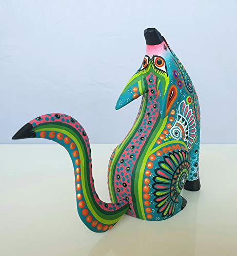 Mexican Alebrije Howling Coyote Wood Carving Handcrafted Sculpture (Turquoise) #TOP3