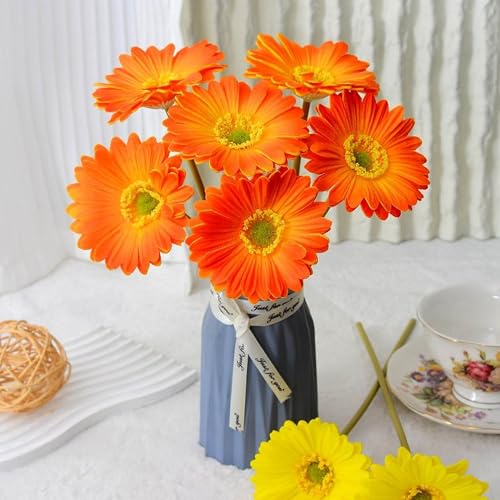 Image of CURATED CART Gerbera Daisy Flowers - Pack of 5 Orange Faux Blooms, 30cm Tall | Real Touch PU Petals with Bendable Green Stems | Artificial Flower Bouquet for Home, Kitchen, Office (Orange) (No Vase)
