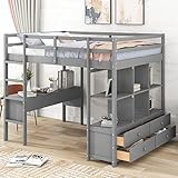Harper & Bright Designs Full Size Loft Bed with Desk & Storage Cabinet, Wood Full Loft Bed Frame with Bookcase & Shelves, Modern Full Loft Bunk Bed for Kids Teens Adults, Gray