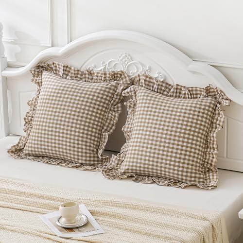 Taupe/White Plaid Euro Pillow Shams Ruffle Pillowcases Set of 2,Shabby Checkered Washed Cotton Pillow Covers-26 x26,Taupe/White Plaid