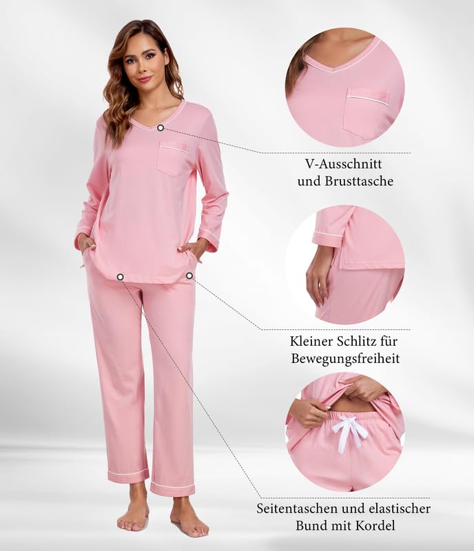 COLORFULLEAF Pijama largo para mujer, 100% algodón, pijama de dos piezas, cuello en V, ropa de dormir de manga larga