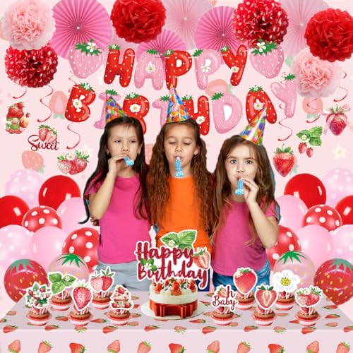 Strawberry Birthday Party Decorations for Girls with Themed Tablecloth, Happy Birthday Banner, Cake Topper, Balloons, Hanging Swirls & Pompoms Strawberry Party Decor Supplies for Womens Themed Party — view 2