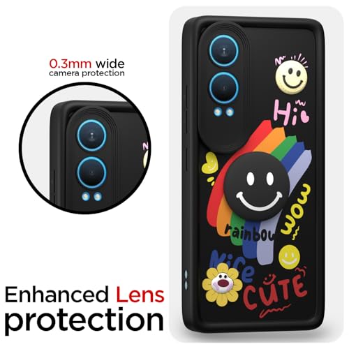 Image of Pikkme Back Cover for OnePlus Nord Ce 4 Lite 5G | Soft Silicone| Cute Rainbow Smile & 3D Cartoon Flower Design | Shockproof Raised Camera Protection Bumper Case (Black)