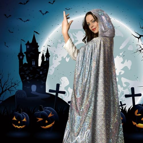 AYBUY Silber Umhang, Vampir Umhang mit Kapuze Lange Cape, Vampir Kostüm, Umhang Mittelalter für Halloween Weihnachten Karneval Kostüm, 150cm