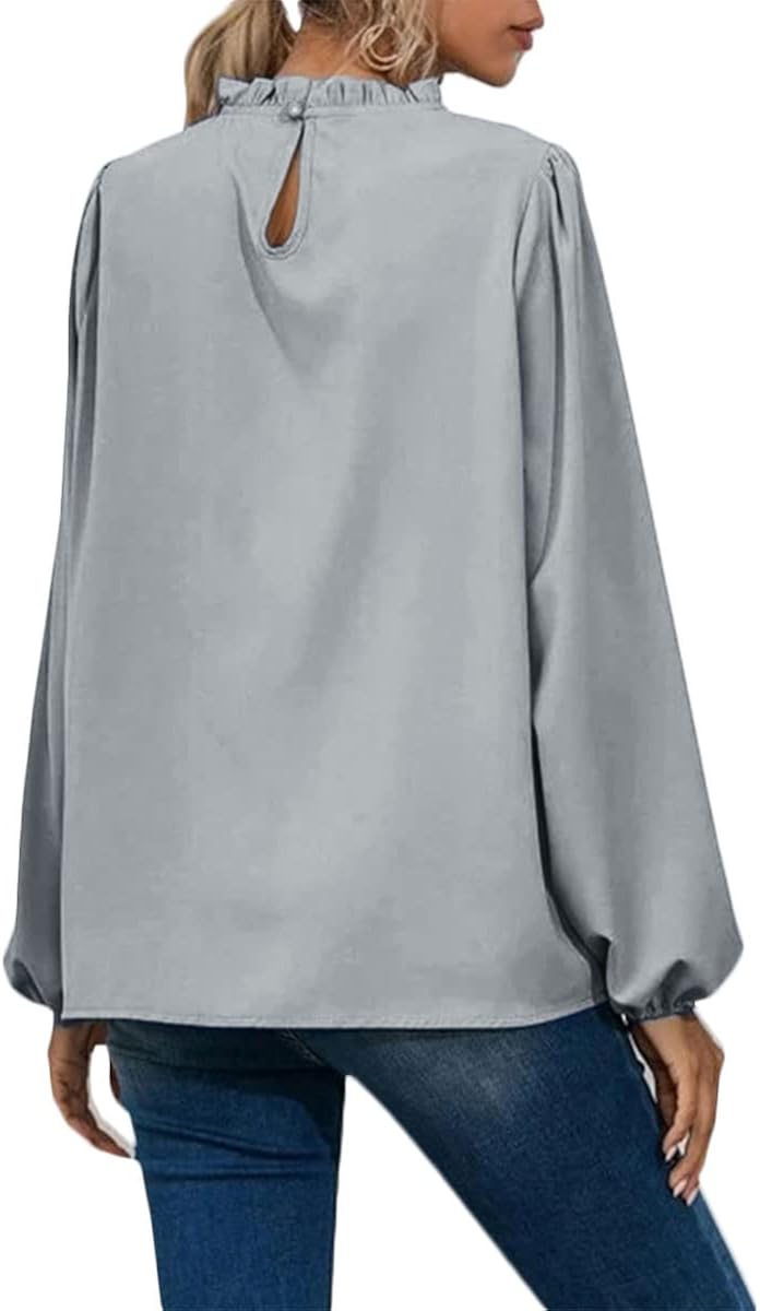 Women's Frill Mock Neck Flounce Blouses Long Sleeve Ruffle Casual Shirts Tunic Tops X-Large Grey
