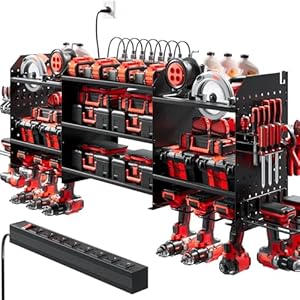 Upgrade Large Power Tool Organizer Wall Mount with Charging Station Tool Storage Rack with 6.5FT Power Strip 10 Drill Holder and Storage Rack for Garage Organization