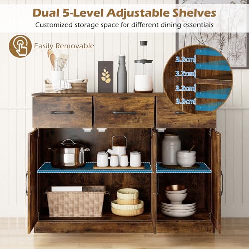 TANGZON Large Wooden Buffet Sideboard – Kitchen Storage Cabinet with 3 Doors, 3 Drawers & Adjustable Shelves for Dining Room (108x38x81cm, Rustic Brown) - Image 5