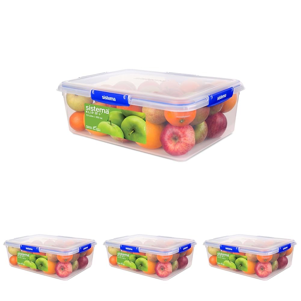 Sistema KLIP IT PLUS contenitore per la conservazione di alimenti | 7,5 L | Contenitore per alimenti con coperchioimpilabile ed ermeticoadatto a frigorifero e congelatore | senza BPA (Confezione da 4)