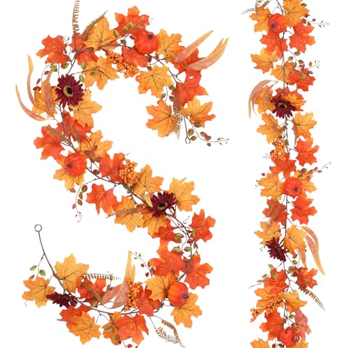 Image of RoseCraft 2PCS Fall Garland, 6FT Autumn Pumpkin Maple Leaf Garland Fall Decor, for Home Harvest Thanksgiving Fireplace Front Door Indoor Outdoor Holiday Party Decorations.