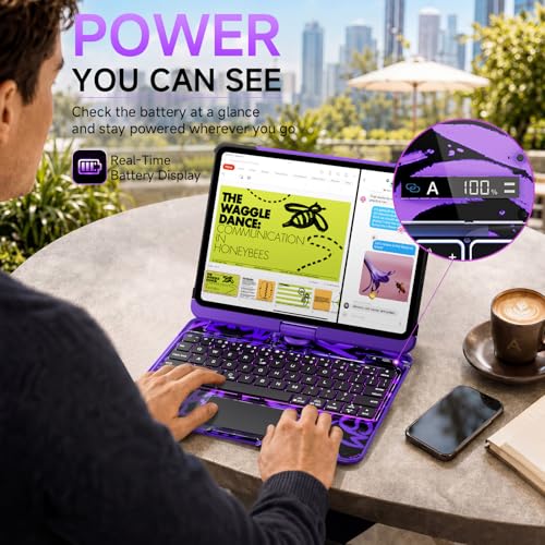 Image of Cyberpunk Clear Keyboard Case for iPad (A16) 11th 10th Generation (11 inch 2025 & 10.9 inch 2022), 360 Rotatable, Multi-Touch Trackpad, 7-Color Backlit, Pencil Holder, Battery Level Display, Purple