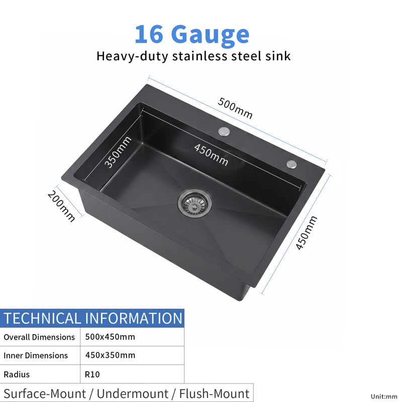 Fregadero de cocina pequeño negro mate de 40 x 45 x 20 cm, cuenco de acero inoxidable para montaje superior e inferior, fregadero portátil multiusos para autocaravana, camping (50 x 45 x 20 cm)