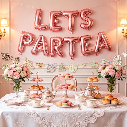 LaVenty LET'S PAR TEA Balloons Tea Party Birthday Banner Decorations Lets Par-Tea Party Decor Par Tea Baby Shower Par Tea First Birthday Decoration Flower Garland (Floral Banner)