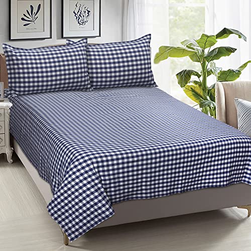 Image of AIRWILL, 200GSM Handloom Cotton Double Bedsheet with 2 Pillow Covers (Gingham Check Blue)