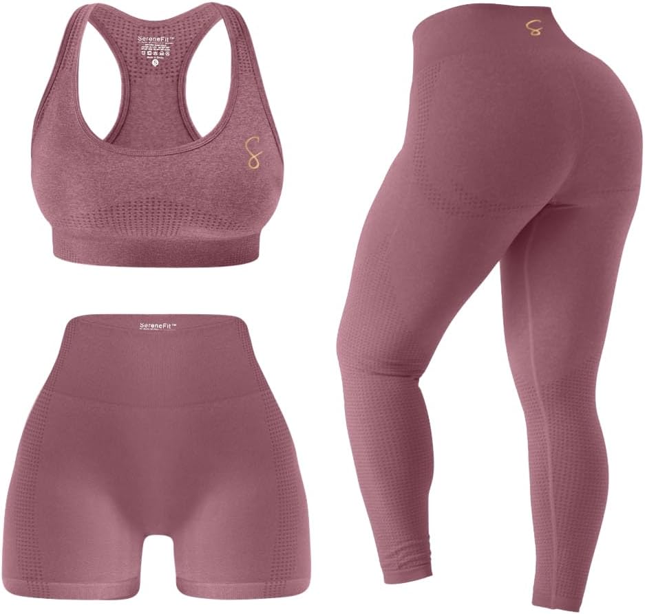 3 Piece Workout Sets For Women Seamless High Waisted Matching Exercise Leggings Shorts and Sports Bra Active Set