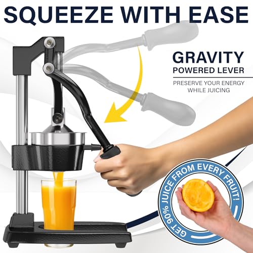 Image of Eurolux Ultra-Premium Cast Iron Juicer | Extra-Large, Heavy Duty, Commercial Grade, Stainless Steel Manual Hand Press Citrus Squeezer For Fresh Orange Juice, Pomegranate, Lemon, and Much More (Black)