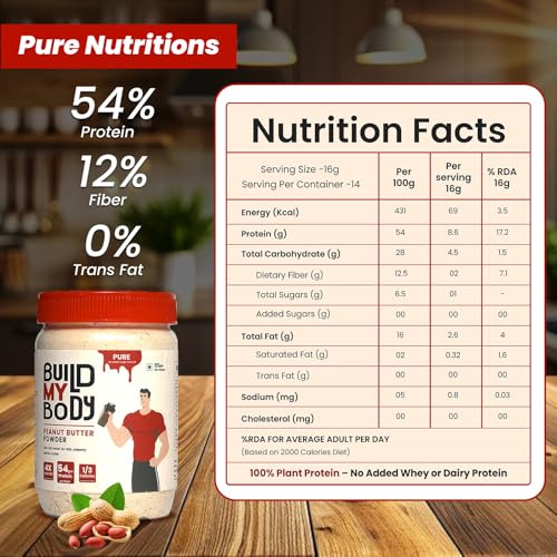 Image of Build My Body | BMB - Pure Peanut Butter Powder | 54g Protein | Makes 500g Peanut Butter Spread | Unsweetened | Unsalted | 100% Natural | 1 /3 Calories | 4x Less Fat | Ideal for Smoothies, Spreads, Baking & Fitness Diets | 227g