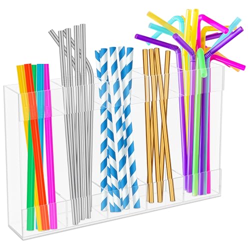 Image of 9.5 inch Large Acrylic Straw Holder for Cabinet Door with Stickers - Peel and Stick Straw Holder for Drawer, for Straws, Makeup Brushes, Kitchen Utensils - Includes Strong Adhesive Tape for Easy Mounting