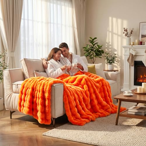 DREAMNINE Bubble Kaninchenfellimitat-Überwurfdecke, 150 x 180 cm, Orange – Ansicht 2