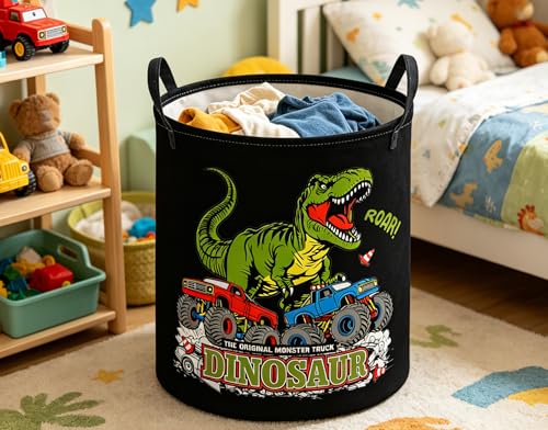 Image of ESSME Kids Laundry Basket,Dinosaur Hamper Collapsible Canvas Waterproof Storage Bin for Boys, Cute Hamper,Gift Baskets(Black Dinosaur)