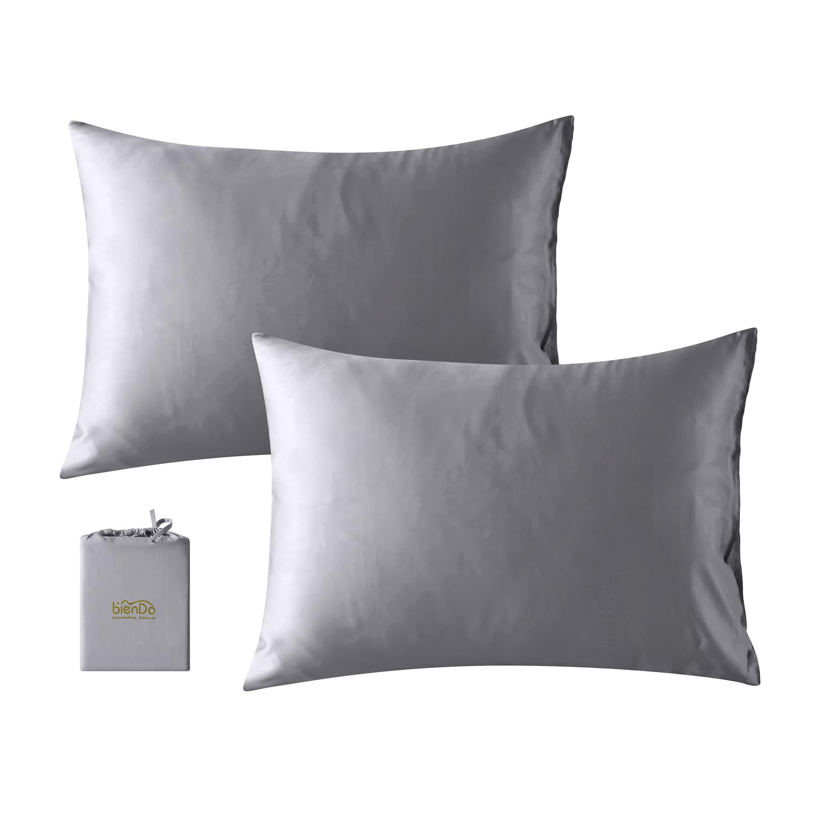 bienDo Kopfkissenbezüge 40x80 cm (2er Set), Grau – Bambus (Vegane Seide), Weich, Glatt, Kühlend, Hypoallergen, Atmungsaktiv, gegen Haarbruch