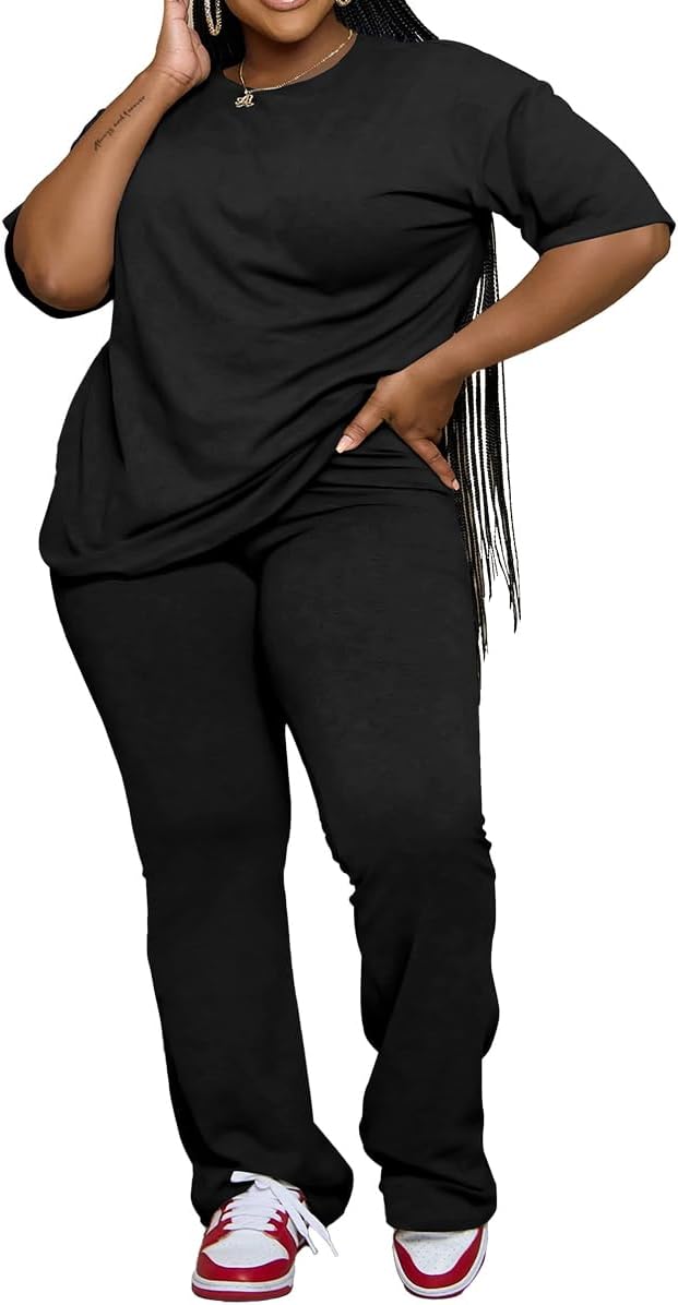 PINSV Womens Plus Size Sets 2 Piece Outfits Casual Short Sleeve Top and Flare Pants Tracksuit - Image 2