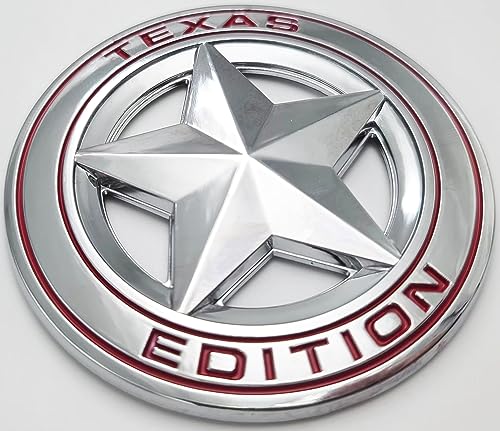 Image of 2pcs Texas Edition Emblem Shield Badge Universal -On FITS Tundra, Tacoma, F150, Silverado, Titan, Hood, Door, Tailgate, Grille, Fender (Silver red)