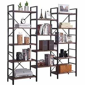 SUPERJARE Triple 5 Tier Bookshelf, Bookcase with 14 Open Display Shelves, Ladder Bookshelf, Wide Book Shelf Book Case with Steel Frame, Wood Board, for Home & Office, Vintage Brown