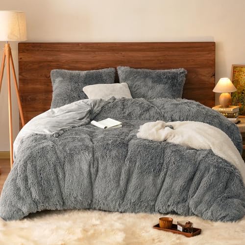 PHF Shaggy Fluffy Faux Fur Duvet Cover Set King Size,Luxury Warm Plush Comforter Cover for Winter Fall,3PCS Soft Lightweight Velvet Cozy Bedding Set with Furry Pillowcases,Aesthetic Room Decor,Grey