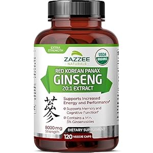 Zazzee USDA Organic Red Korean Panax Ginseng 20:1 Extract, 8000 mg Strength, 5% Ginsenosides, 120 Vegan Capsules, Standardized and Concentrated 20X Root Extract, 100% Vegetarian, All-Natural, Non-GMO