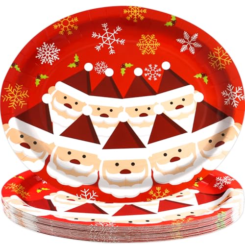 Treasure Cove Christmas Oval Paper Plates 10" x 12" Large Santa Plates Snowflake Disposable Christmas Party Platters for Holiday Xmas Dinnerware Table Decor Party Supplies 24 Pcs