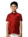 RAMRAJ COTTON Boys Slik Blend Red Solid Half Sleeve Shirt With Chest Pocket (Red ; 9-10 Years)