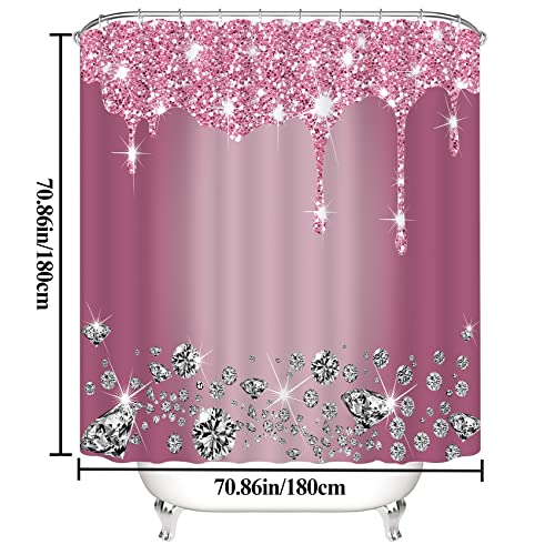 4 Pcs Glitter Diamond Shower Curtain Sets, Rose Red Shiny Drips Bath Decor With Rugs And Toilet Lid Cover, Fuchsia Luxury Texture Colorful Bling Modern Bathroom Curtain With 12 Hooks, 72 X 72 Inch #TOP1