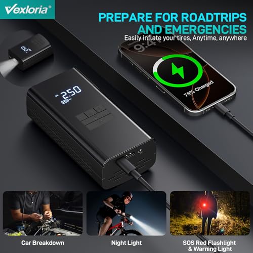 Vexloria Tyre Inflator Cordless Air Compressor, Portable Electric Bike Pump 150 PSI, Tyre Pump with Pressure Gauge & LED Light for Car, Bicycle, Motorbike, Ball - Image 4