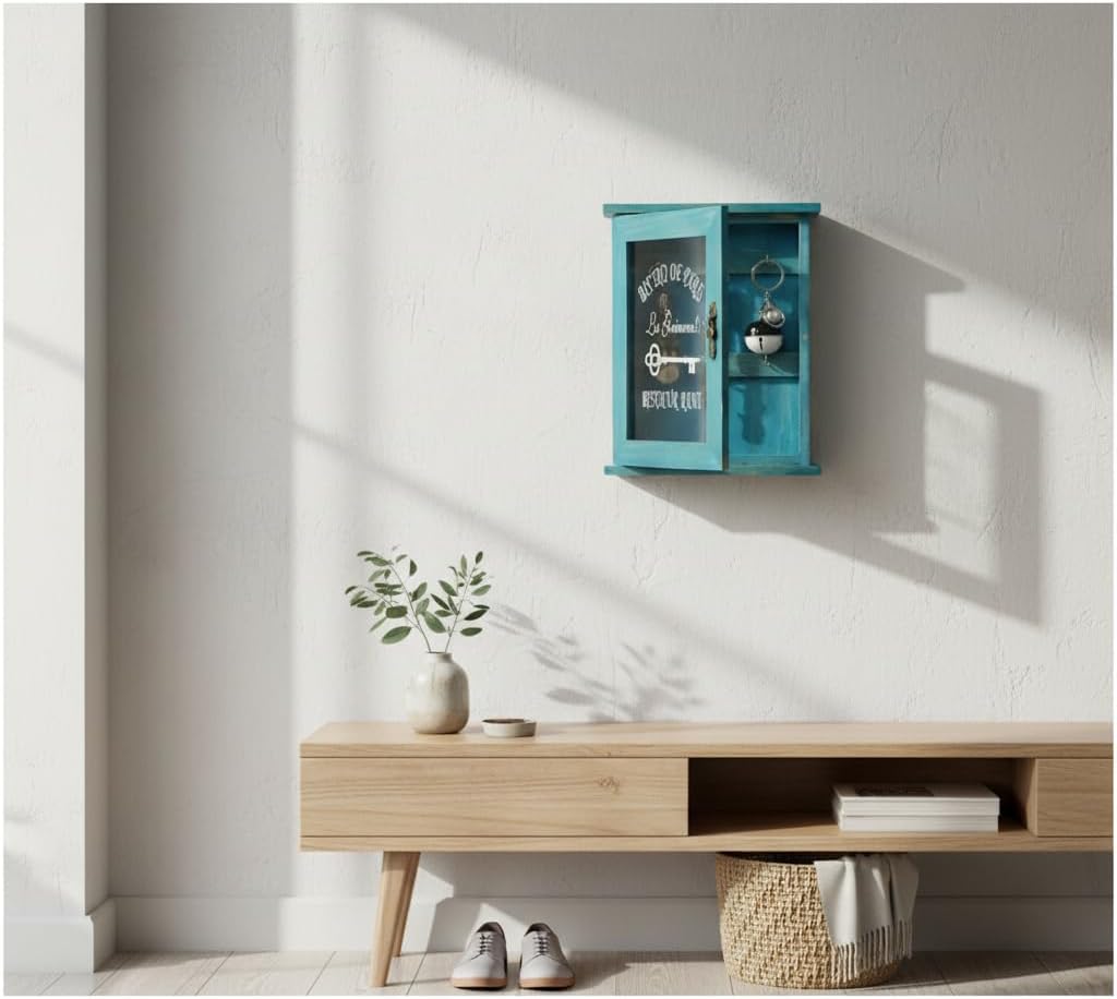 HEEPDD Vintage Wooden Wall Mounted Key Holder Cabinet Box with 6 Hooks, Farmhouse Style Home Decor, Blue