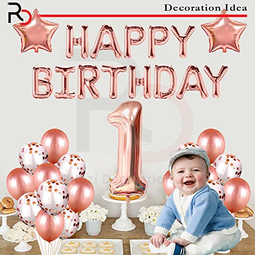 Image of Rozi Decoration Rose Gold Theme 1st Year Birthday Party Decor, First Decoration Items for Girl, Happy 1 Year Baby Girl Decoration Pack of 36 Pcs