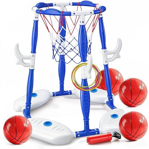 Aerilyo Pool Basketballkorb Set 2-in-1 Pool Spielzeug mit Ringwurfspiel inkl. 4 Bälle 12 Ringe & Pumpe Schwimmende Basketballspiele für Kinder & Erwachsene Wasserspielzeug für Sommer Poolparty