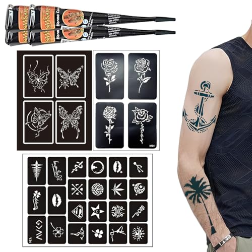 NHPY 4 Stück Hen_na Tattoo Schwarz,Temporäre Tattoos+30 Hen_na Tattoo Schablone,Temporäre Mehndi Tattoos,Natürliche Kegel,Tattoo Sticker,Temporäre Tätowierung Schwarz,Tattoo Farbe Schwarz