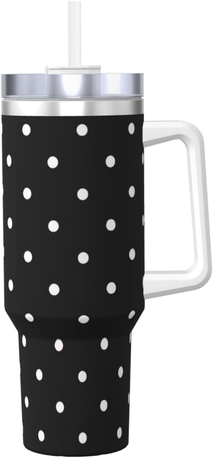 40 OZ White Dot Pattern Print Ice Bully Cup with Handle Straw Lid Straw,Stainless Steel Tumbler Coffee Cup