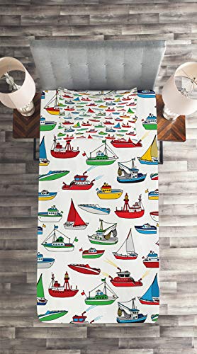 Ambesonne Nautical Coverlet, Bunch of Colorful Vessel Speedboat Fishing Trawler Motorboat Water Vehicle Concept, 2 Piece… - Image 4