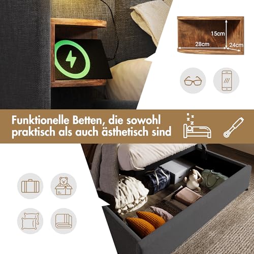Gegtuon Doppelbett Polsterbett 180x200 mit LED-Licht & USB-Nachttischen, Bett Hydraulisch Stauraumbett mit Stauraum Kopfteil, Jugendbett Bettgestell mit Holz Lattenrost, ohne Matratze, Leinen (Grau)