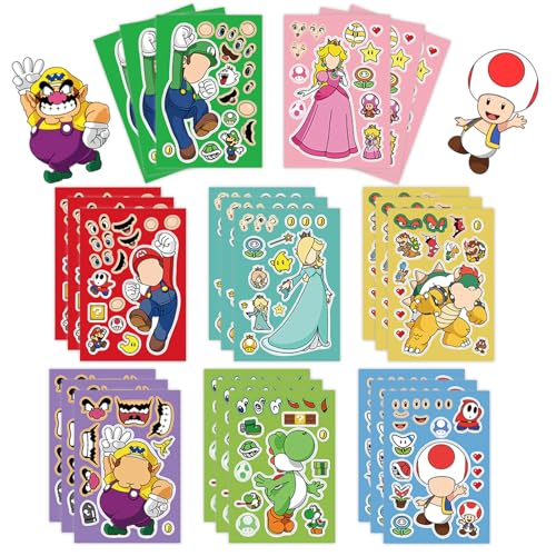 Super Mario Make-a-Face Stickers 24 Sheets DIY Mix and Match Mario Character Stickers Waterproof Vinyl Mario Luigi Peach Bowser Stickers for Teens Party Favors Rewards Craft Activities
