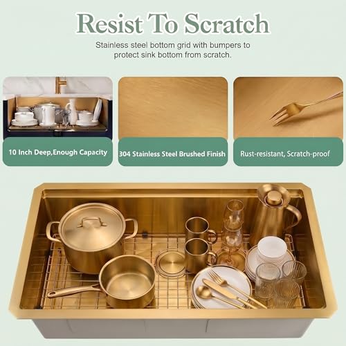 Image of Gold Undermount Kitchen Sink 33 Inch,16 Gauge SUS304 Stainless Steel All In One Workstation Sinks With Full Set Accessories, 33 inch x 18 inch x 10 inch Large and Deep Handmade Single Bowl Kitchen Sinks