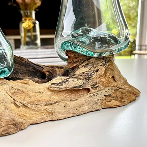 Darthome Double 10cm Molten Glass Bowls Tree Root Stand Hand Blown Wood Decoration Gift