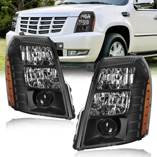 Fullux HID Projector Headlight Assembly for 2007-2014 Cadillac Escalade/2007-2014 Escalade ESV/2007-2013 Escalade EXT Left Right Side Headlamp Black Housing Amber Reflector