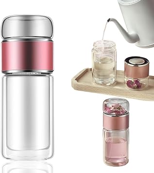 12oz Double Wall Glass Tea Infuser Bottle | Leakproof Travel Mug with Stainless Steel Filter | Hot/Cold Loose Leaf Tea & Fruit Water Cup for Office Home Travel rose gold