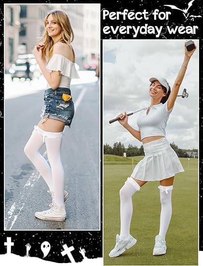 MJOGGOTT 4 Pairs Bow White Thigh High Stockings for Women, Thigh High Stockings, Over Knee Long Stocks with Bow for Girls Daily Wear School Dating Dance