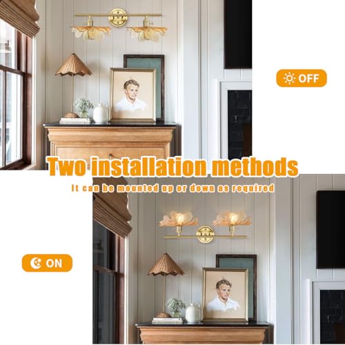 Image of Bathroom Light fixtures Vintage wall Sconce 2 Light Bathroom Vanity Light Gold Wall Sconce Lights Amber Glass Art Deco Vanity Lights Over Mirror for Bedroom Hallway Living Room