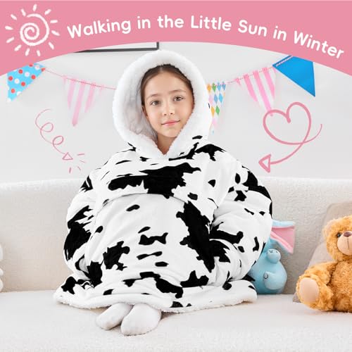 yescool Wearable Blanket Hoodie Kids, Oversized Blanket Sweatshirt with Sherpa Teen Girl Gifts for Kids, Youth, Boys, Girls, 8-15 Year Old Girl Boy Gift Warm Teen Wearable Blankets, One Size, Cow