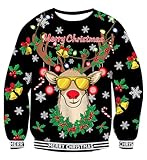 uideazone Ugly Christmas Sweater for Mens Reindeer Sunglasses X-mas Sweatshirts for Festival Party Black