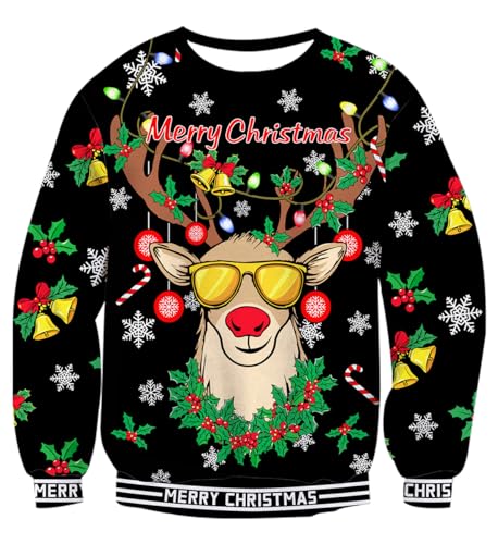 uideazone Ugly Christmas Sweater for Mens Reindeer Sunglasses X-mas Sweatshirts for Festival Party Black
